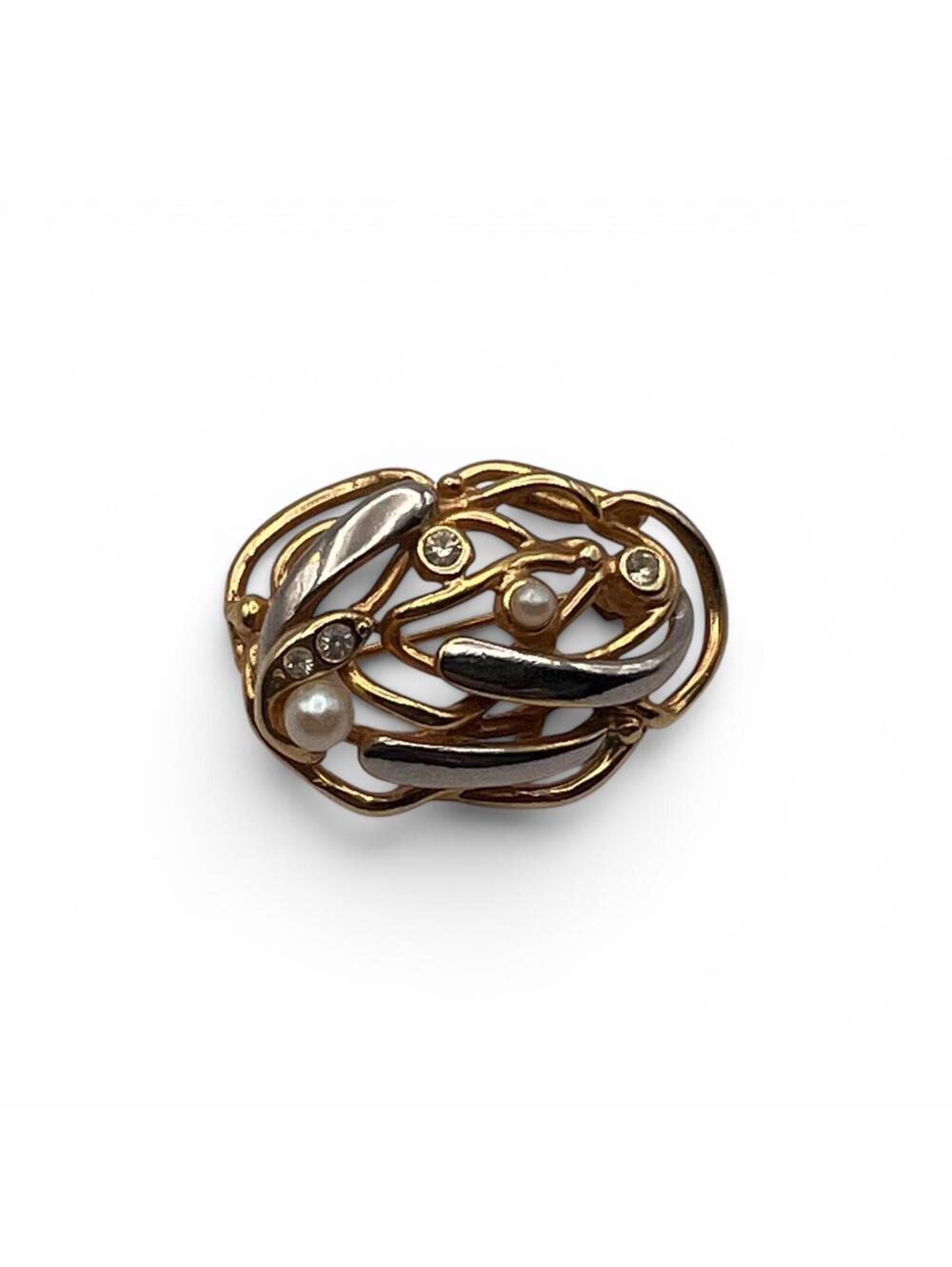 Vintage 80s Two Tone Abstract Nest Brooch with Faux Pearls and Rhinestones
